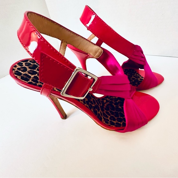 Betsey Johnson Satin Fuschia w Leopard Print Footbed Stiletto Heel Sandal Size 6 - Picture 5 of 16
